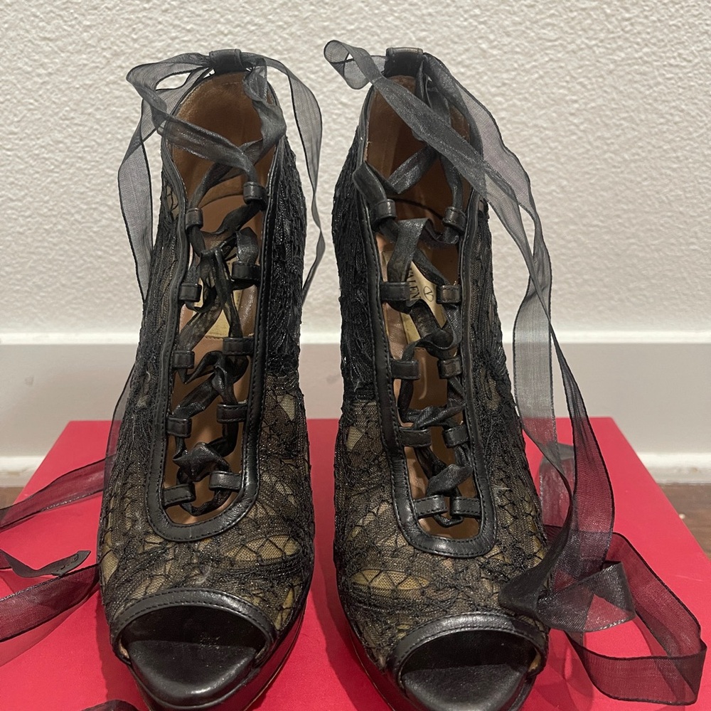 Valentino Black Lace Peep-Toe Heels